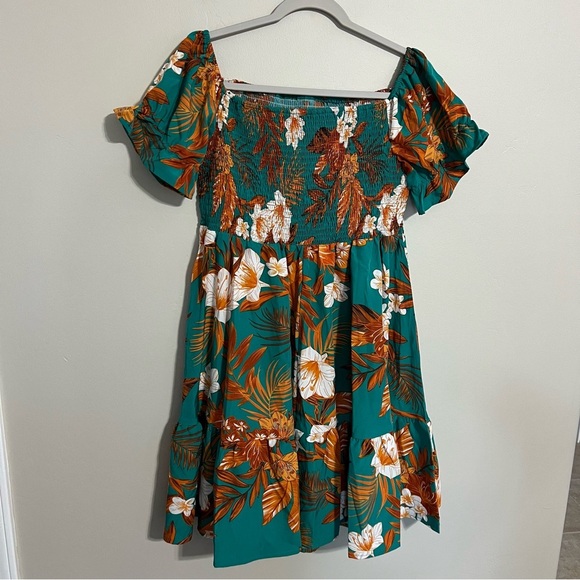 SHEIN Tropical Print Off the Shoulder Ruffle Short Sleeve Dress size 1XL - Picture 2 of 8